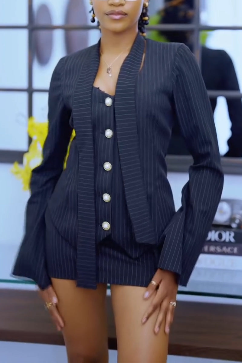 Ensemble tailleur jupe mi-longue et veste à rayures verticales boutonnée à col en V pour femme, style professionnel et élégant