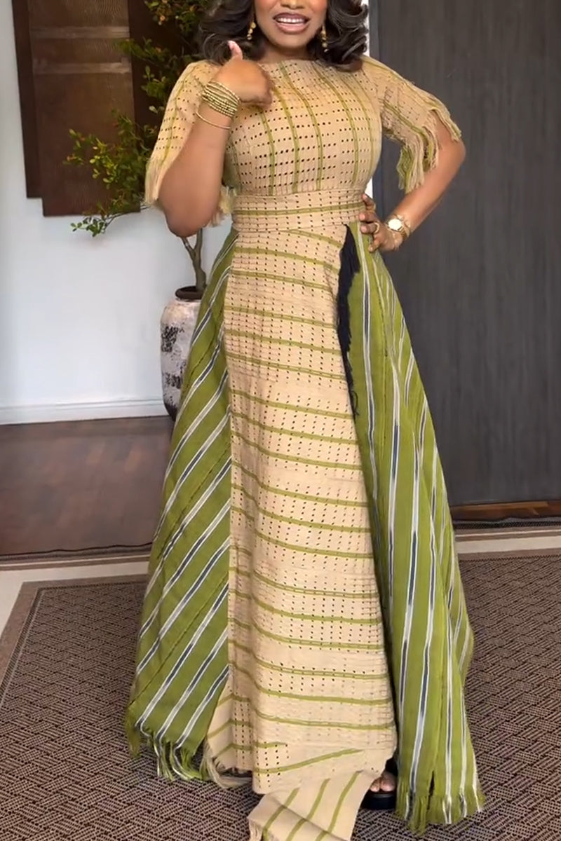 Robes longues décontractées élégantes avec ceinture, encolure ronde et empiècements contrastés pour femme