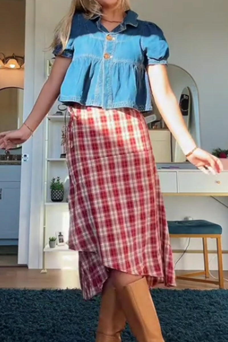 Chemise en jean courte décontractée pour femmes avec manches bouffantes et boutonnage, ou jupe décontractée à carreaux