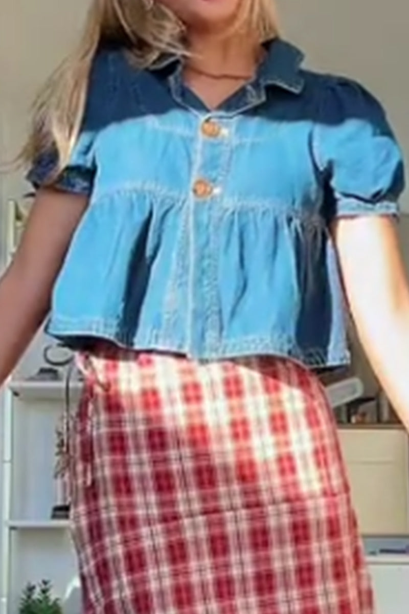 Chemise en jean courte décontractée pour femmes avec manches bouffantes et boutonnage, ou jupe décontractée à carreaux
