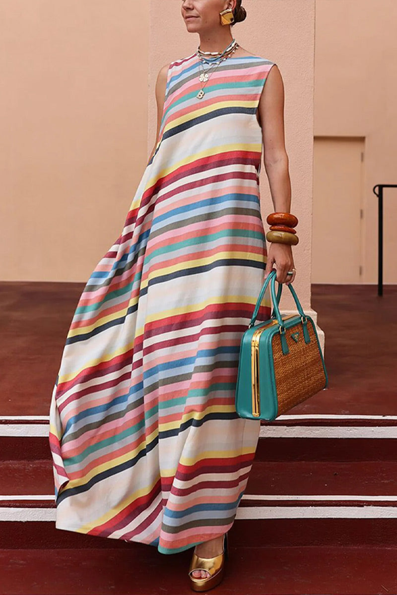 Robe longue d'été sans manches col rond ample en lin à rayures arc-en-ciel pour femme