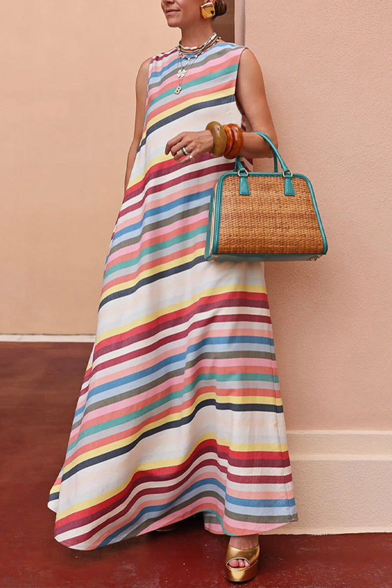 Robe longue d'été sans manches col rond ample en lin à rayures arc-en-ciel pour femme