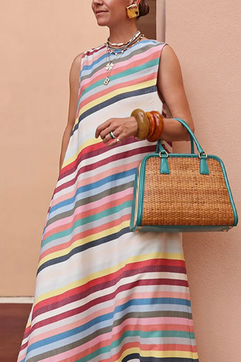 Robe longue d'été sans manches col rond ample en lin à rayures arc-en-ciel pour femme