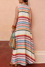 Robe longue d'été sans manches col rond ample en lin à rayures arc-en-ciel pour femme