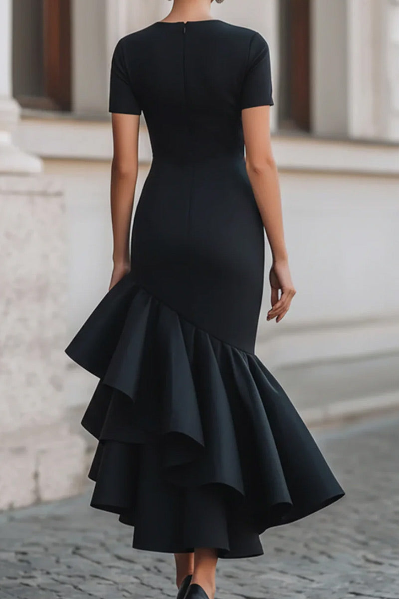 Robe Mi-Longue Femme Noire Col Rond Manches Courtes Taille Fracassée Volants Irréguliers Fendue Sirène