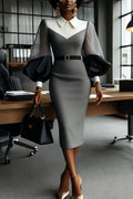 Robe de travail midi crayon ajustée à revers contrastants, manches ballon transparentes et ceinture pour femme