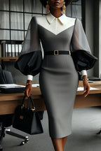 Robe de travail midi crayon ajustée à revers contrastants, manches ballon transparentes et ceinture pour femme