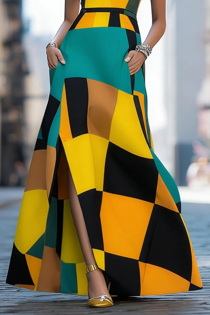 Robe longue femme multicolore géométrique color block manches courtes ceinture fendue avec poches