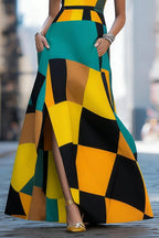 Robe longue femme multicolore géométrique color block manches courtes ceinture fendue avec poches