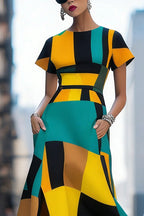 Robe longue femme multicolore géométrique color block manches courtes ceinture fendue avec poches