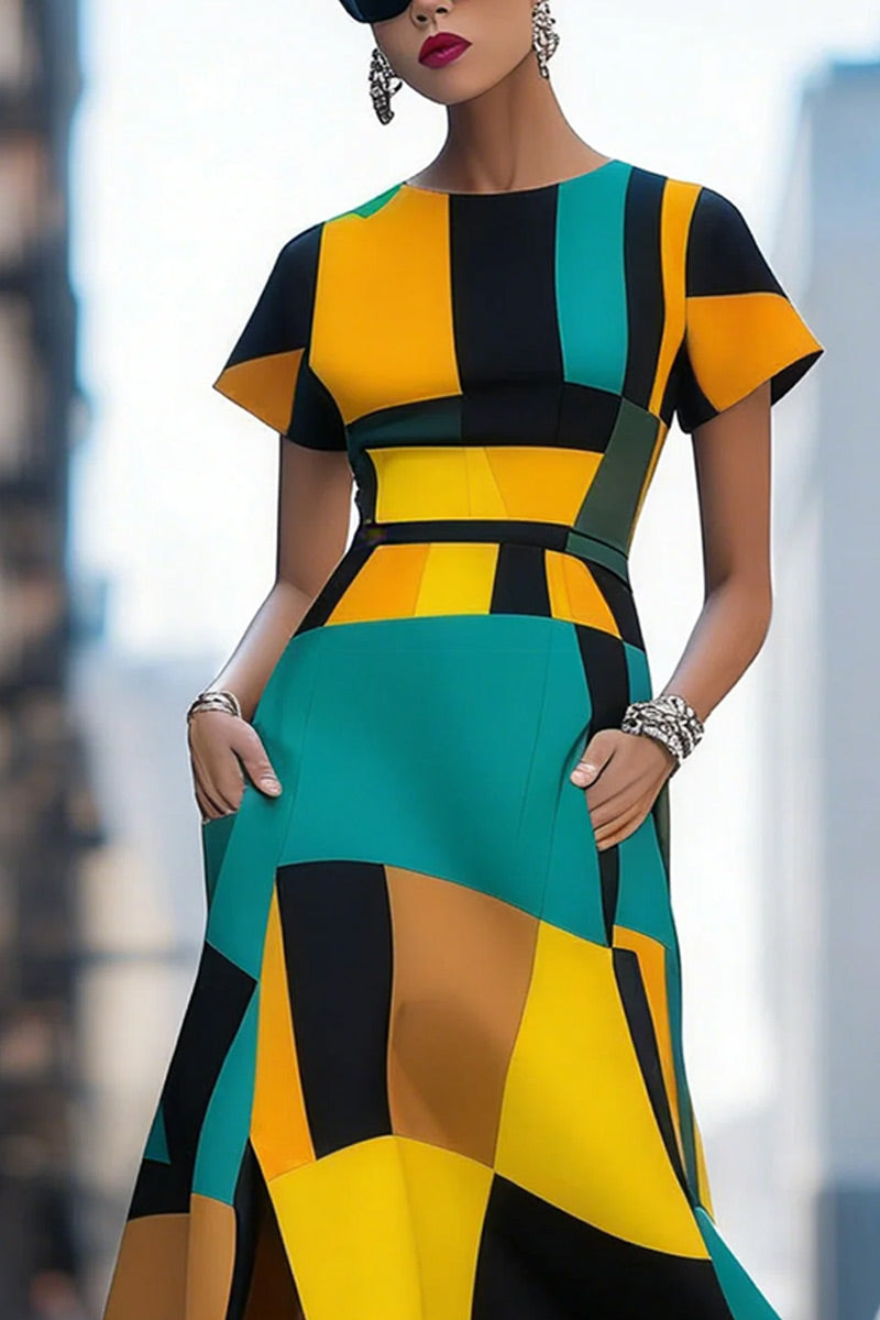 Robe longue femme multicolore géométrique color block manches courtes ceinture fendue avec poches