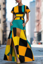 Robe longue femme multicolore géométrique color block manches courtes ceinture fendue avec poches