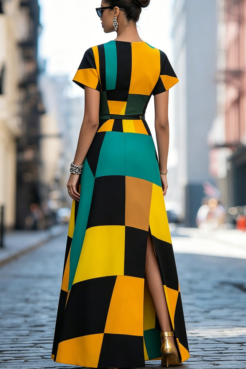 Robe longue femme multicolore géométrique color block manches courtes ceinture fendue avec poches