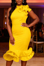 Robe Mi-Longue Sirène Jaune Uni à Col Halter et Volant Unique pour Femme