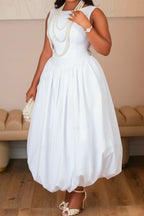 Robe midi bouffante sans manches col rond blanche unie pour femme avec taille cintrée