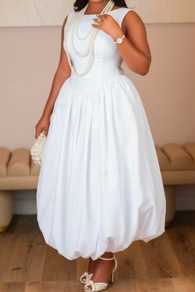 Robe midi bouffante sans manches col rond blanche unie pour femme avec taille cintrée