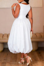 Robe midi bouffante sans manches col rond blanche unie pour femme avec taille cintrée