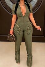 Combinaison Femme Vert Olive Sans Manches Col Zippé Multi-Poches Cargo Revers