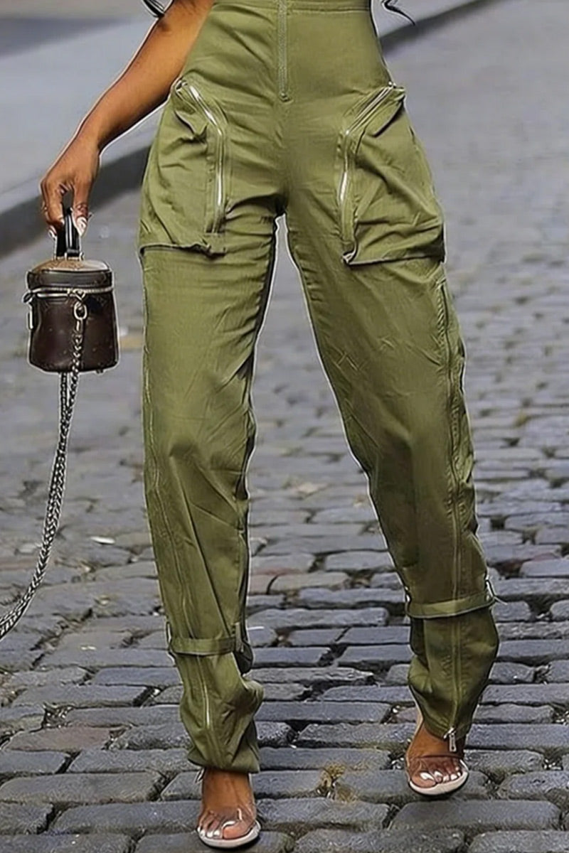 Combinaison Femme Vert Olive Sans Manches Col Zippé Multi-Poches Cargo Revers