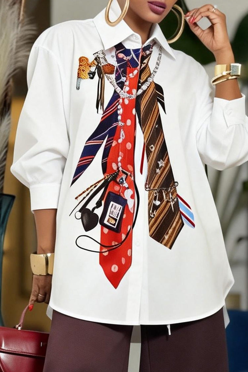 Chemisier long oversize pour femme, blanc, avec col imprimé graphique et manches bouffantes