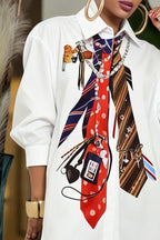 Chemisier long oversize pour femme, blanc, avec col imprimé graphique et manches bouffantes
