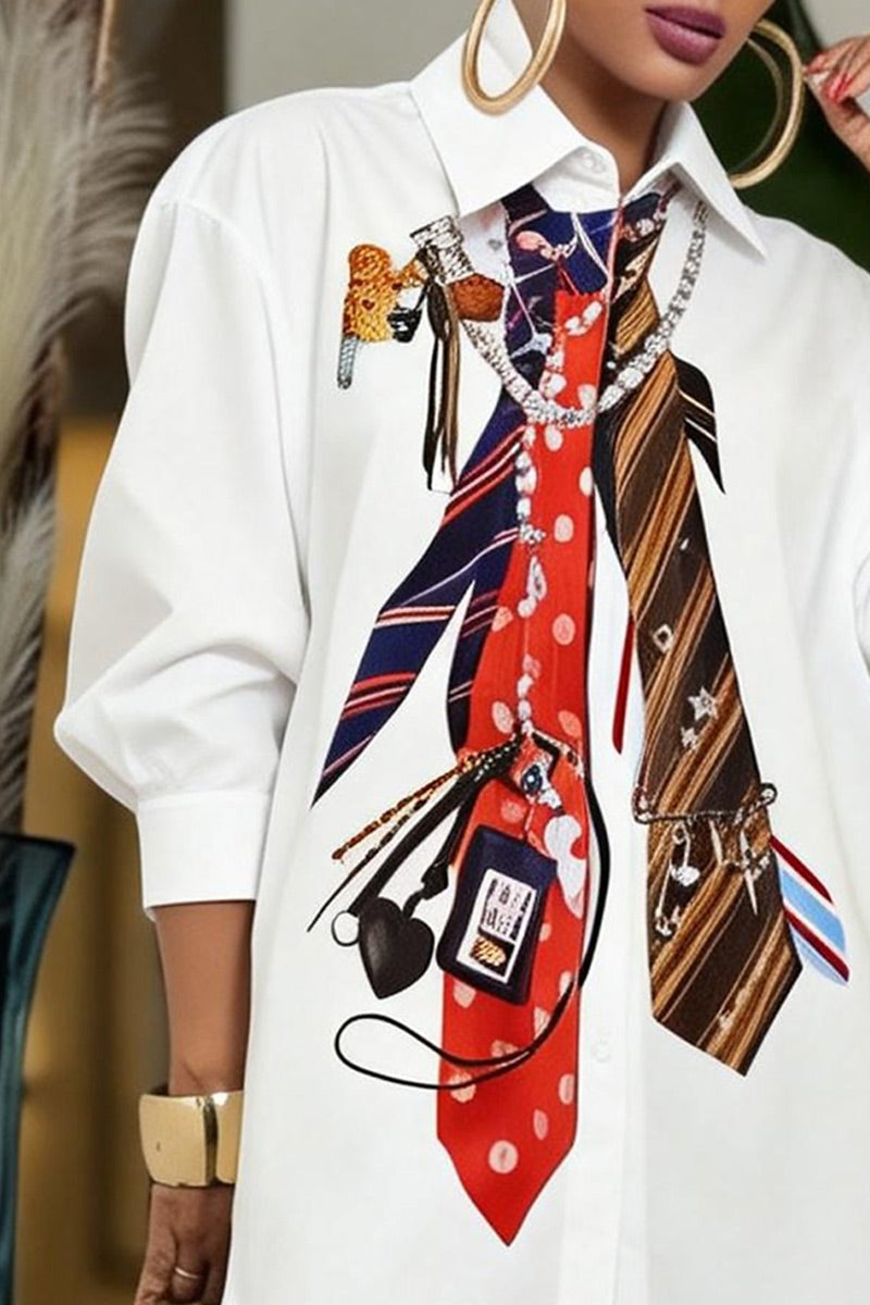 Chemisier long oversize pour femme, blanc, avec col imprimé graphique et manches bouffantes