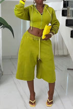 Haut de survêtement court à capuche à cordon de serrage en molleton décontracté à manches longues pour femme ou pantalon de survêtement Capri large à taille haute avec cordon de serrage pour le quotidien