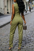 Combinaison Femme Vert Olive Sans Manches Col Zippé Multi-Poches Cargo Revers