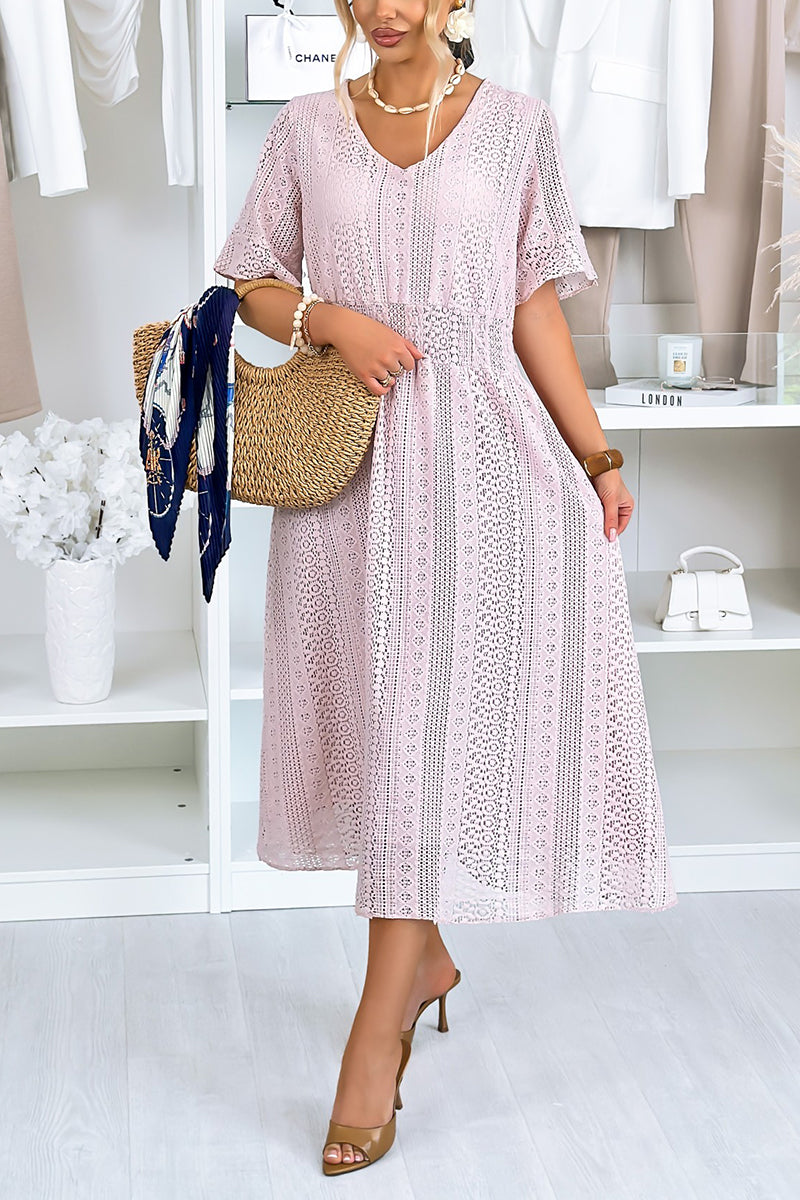 Robe longue décontractée pour femme avec encolure ras-du-cou et découpes en dentelle