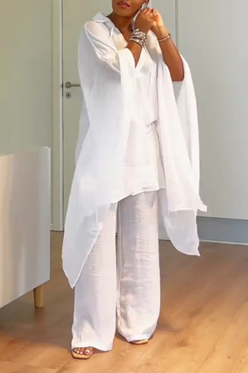 Ensemble décontracté femme : haut long irrégulier à col + pantalon