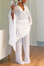 Ensemble décontracté femme : haut long irrégulier à col + pantalon