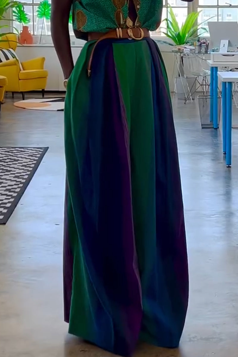 Haut imprimé décontracté col en V ou pantalon ample contrasté pour femme