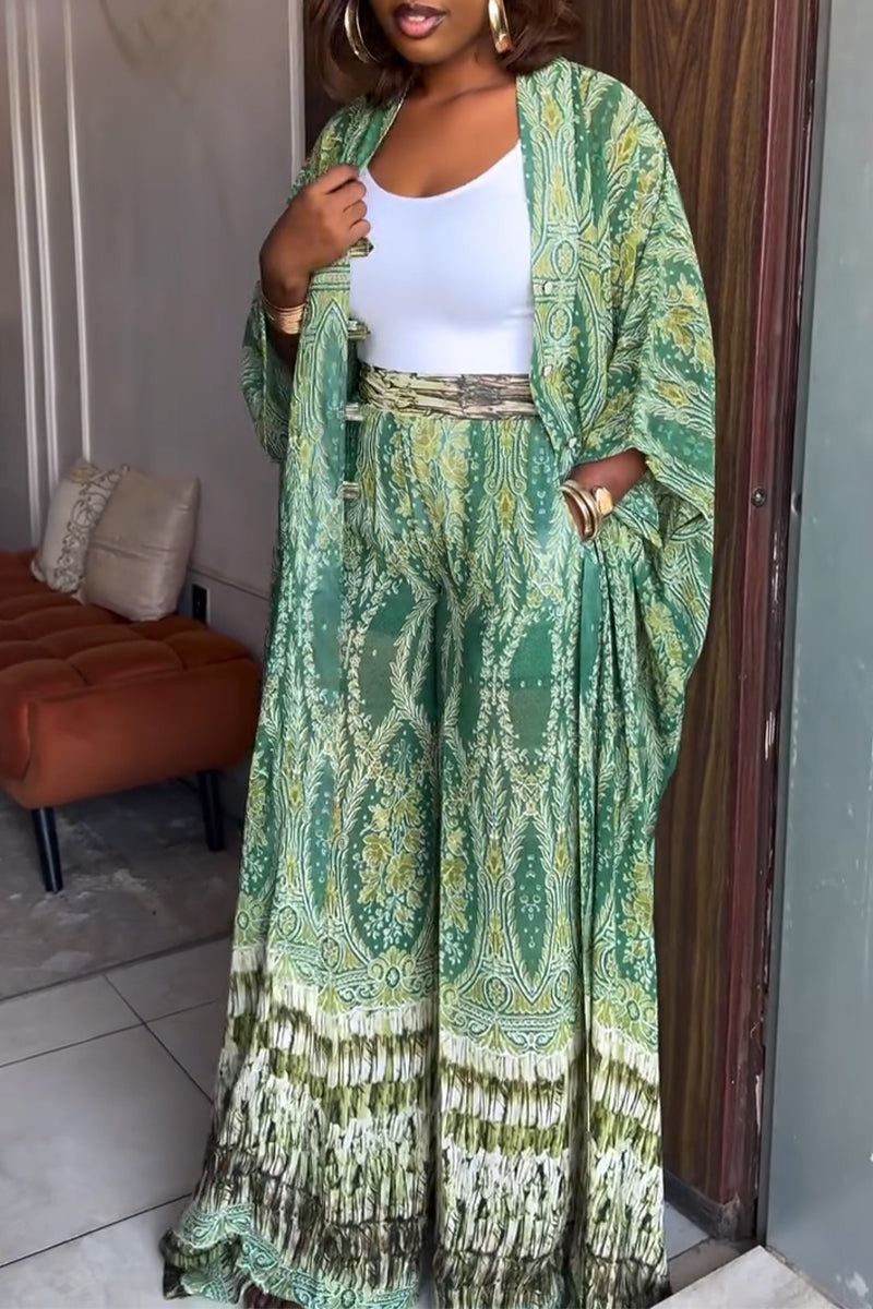 Ensemble décontracté pour femme : long cardigan imprimé et pantalon large
