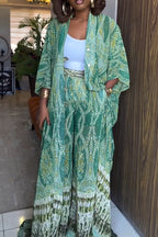 Ensemble décontracté pour femme : long cardigan imprimé et pantalon large