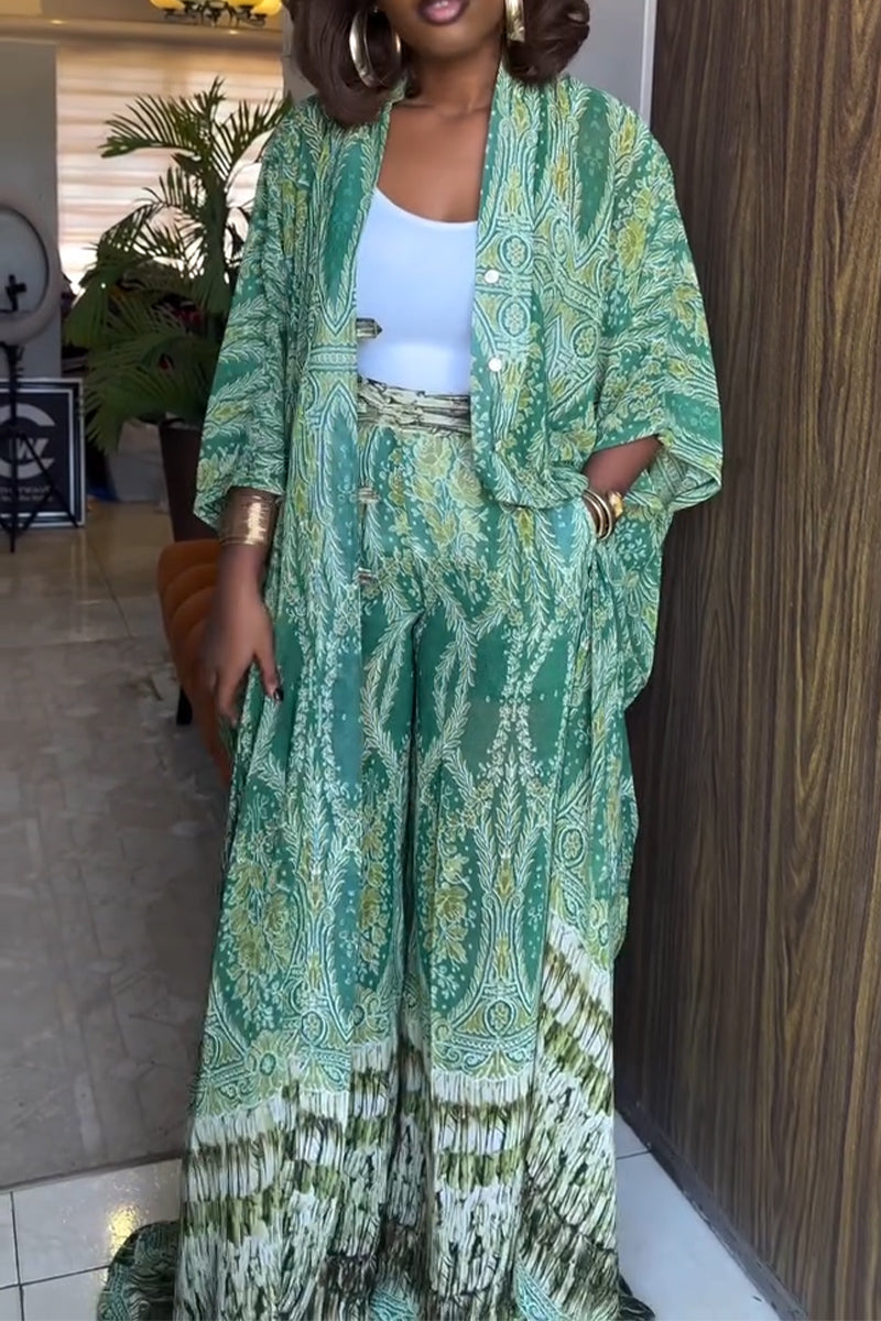 Ensemble décontracté pour femme : long cardigan imprimé et pantalon large