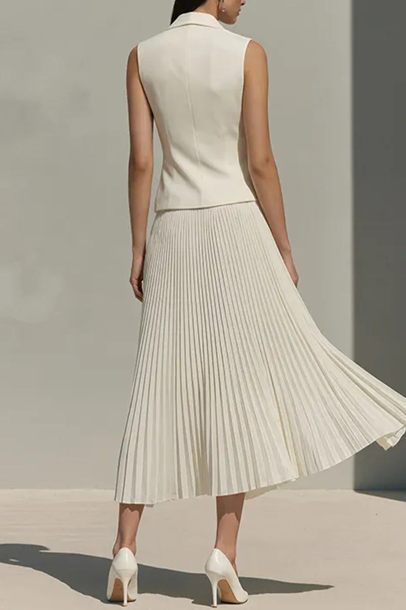 Ensemble élégant col claudine sans manches et jupe plissée pour femme
