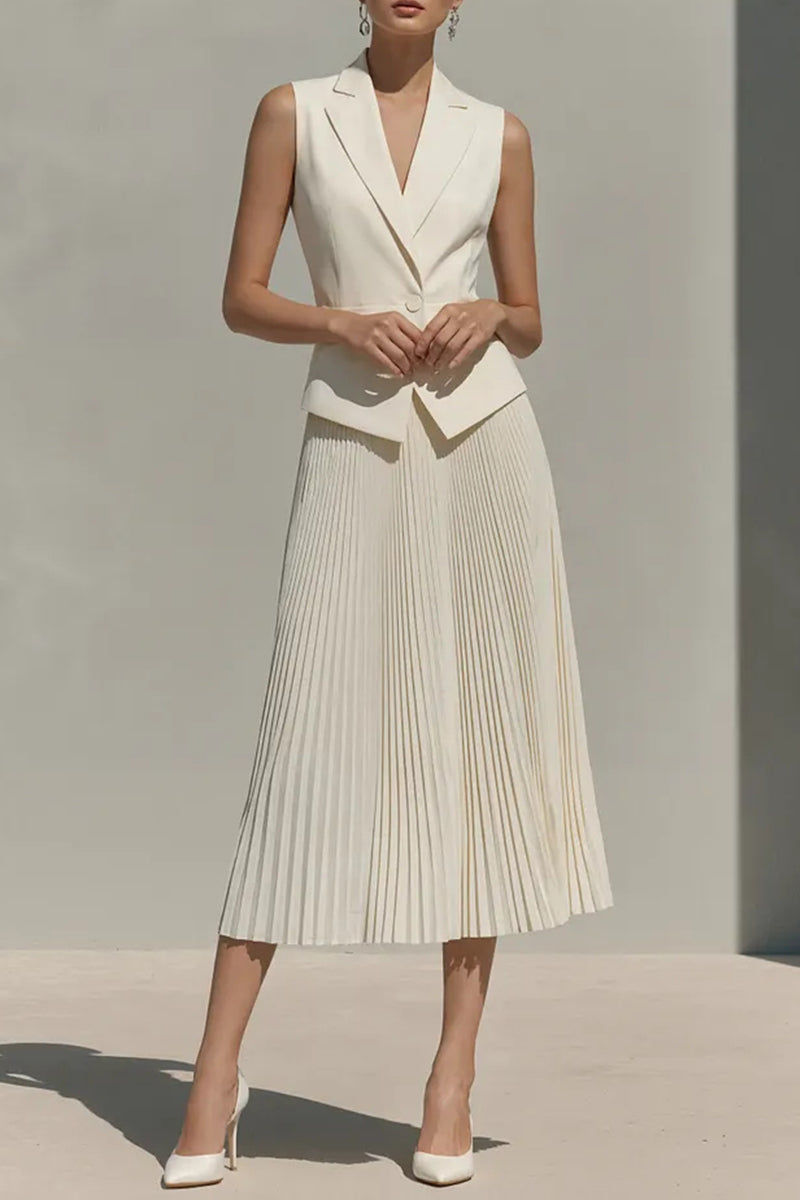 Ensemble élégant col claudine sans manches et jupe plissée pour femme