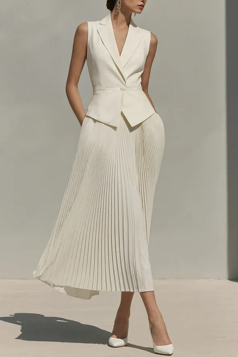 Ensemble élégant col claudine sans manches et jupe plissée pour femme