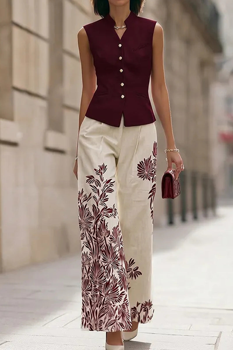 Ensemble élégant sans manches à col rond et pantalon imprimé pour femme