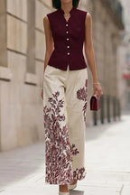 Ensemble élégant sans manches à col rond et pantalon imprimé pour femme