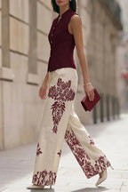 Ensemble élégant sans manches à col rond et pantalon imprimé pour femme