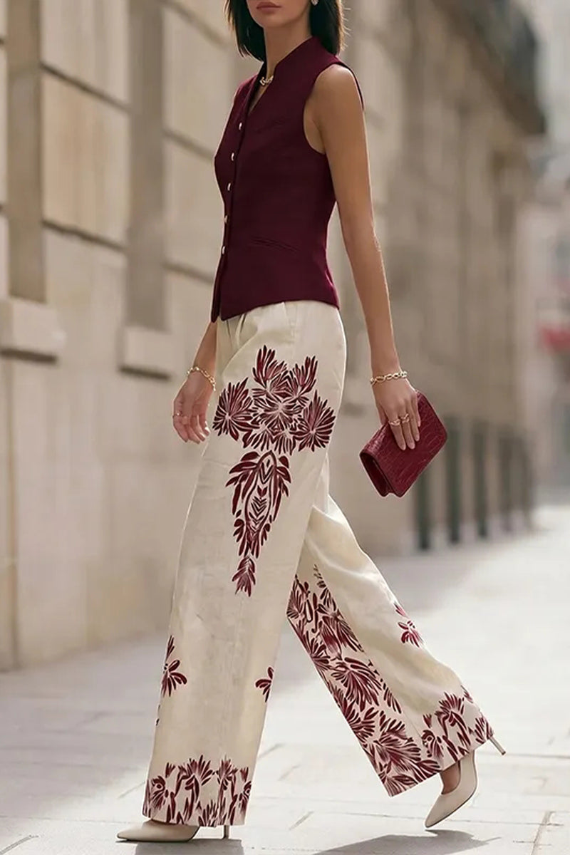 Ensemble élégant sans manches à col rond et pantalon imprimé pour femme