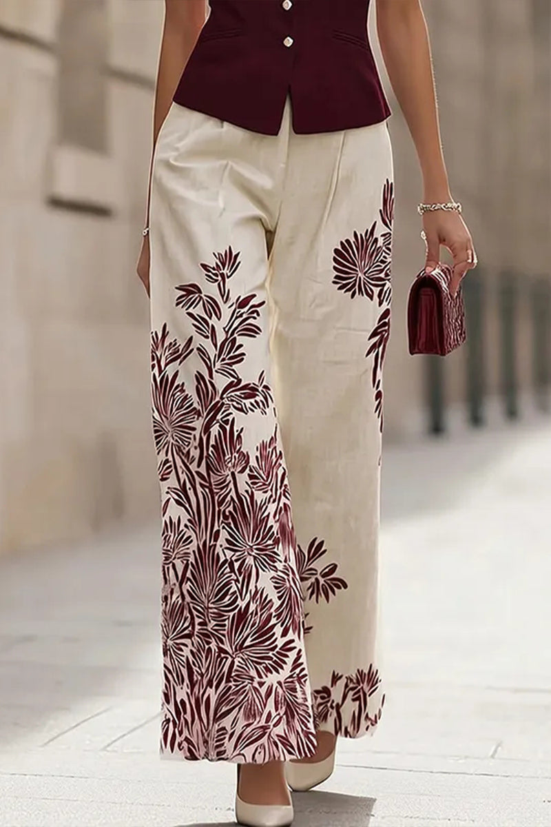Ensemble élégant sans manches à col rond et pantalon imprimé pour femme
