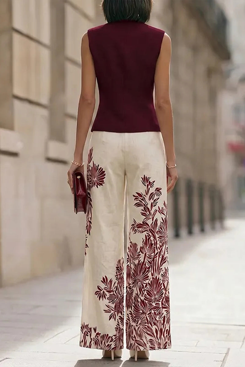 Ensemble élégant sans manches à col rond et pantalon imprimé pour femme