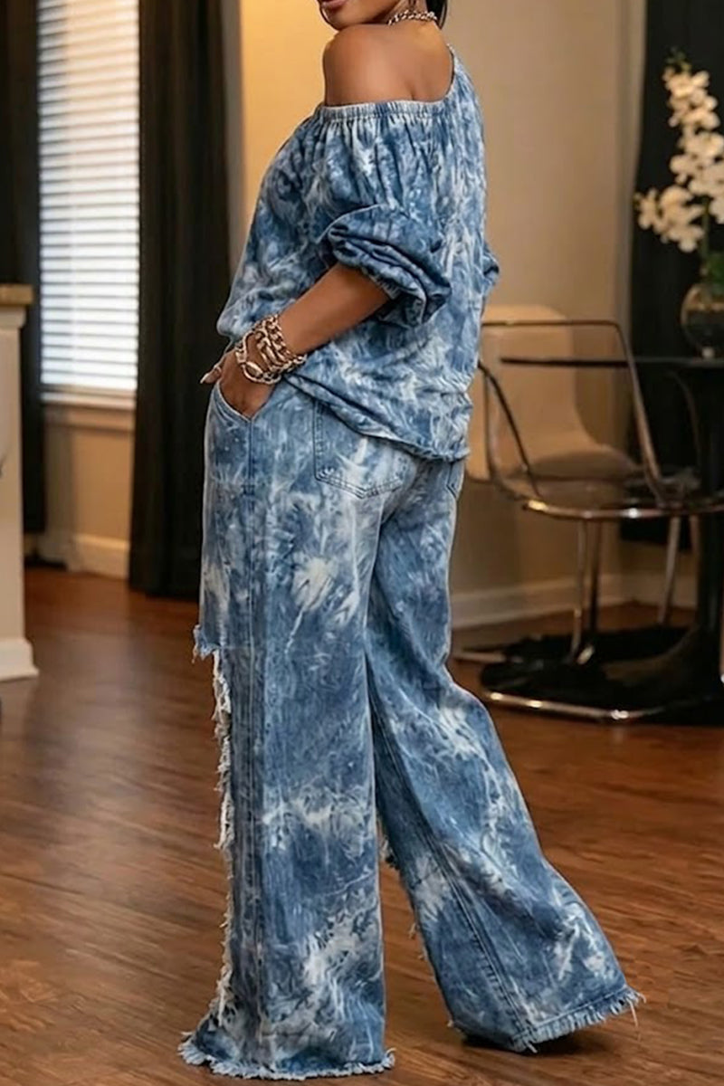 Haut en jean décontracté pour femme à manches bouffantes asymétriques ou Jean ombré vieilli style urbain