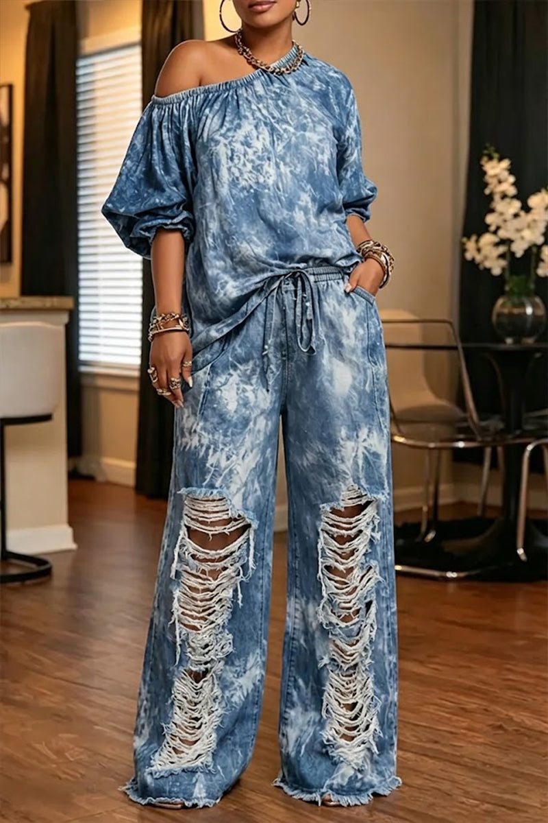 Haut en jean décontracté pour femme à manches bouffantes asymétriques ou Jean ombré vieilli style urbain