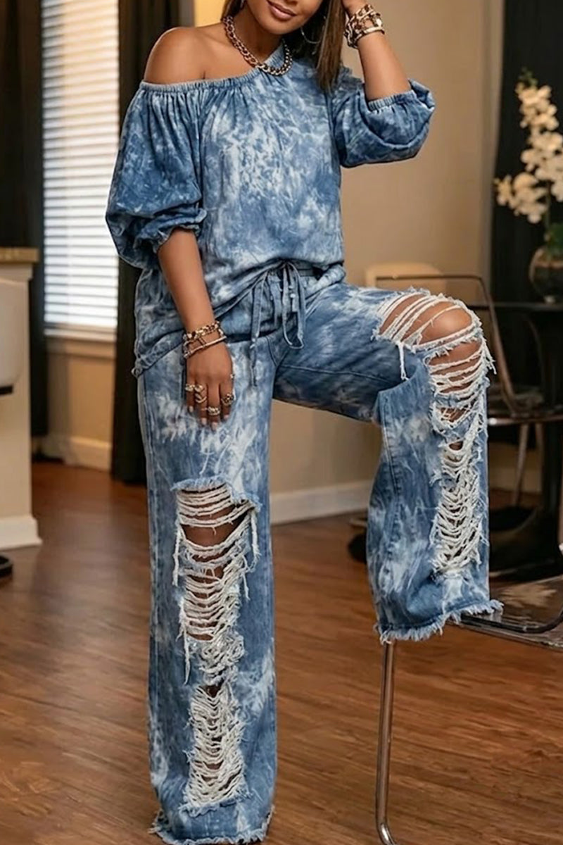 Haut en jean décontracté pour femme à manches bouffantes asymétriques ou Jean ombré vieilli style urbain