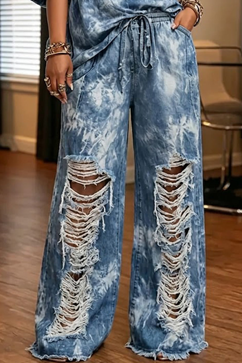 Haut en jean décontracté pour femme à manches bouffantes asymétriques ou Jean ombré vieilli style urbain