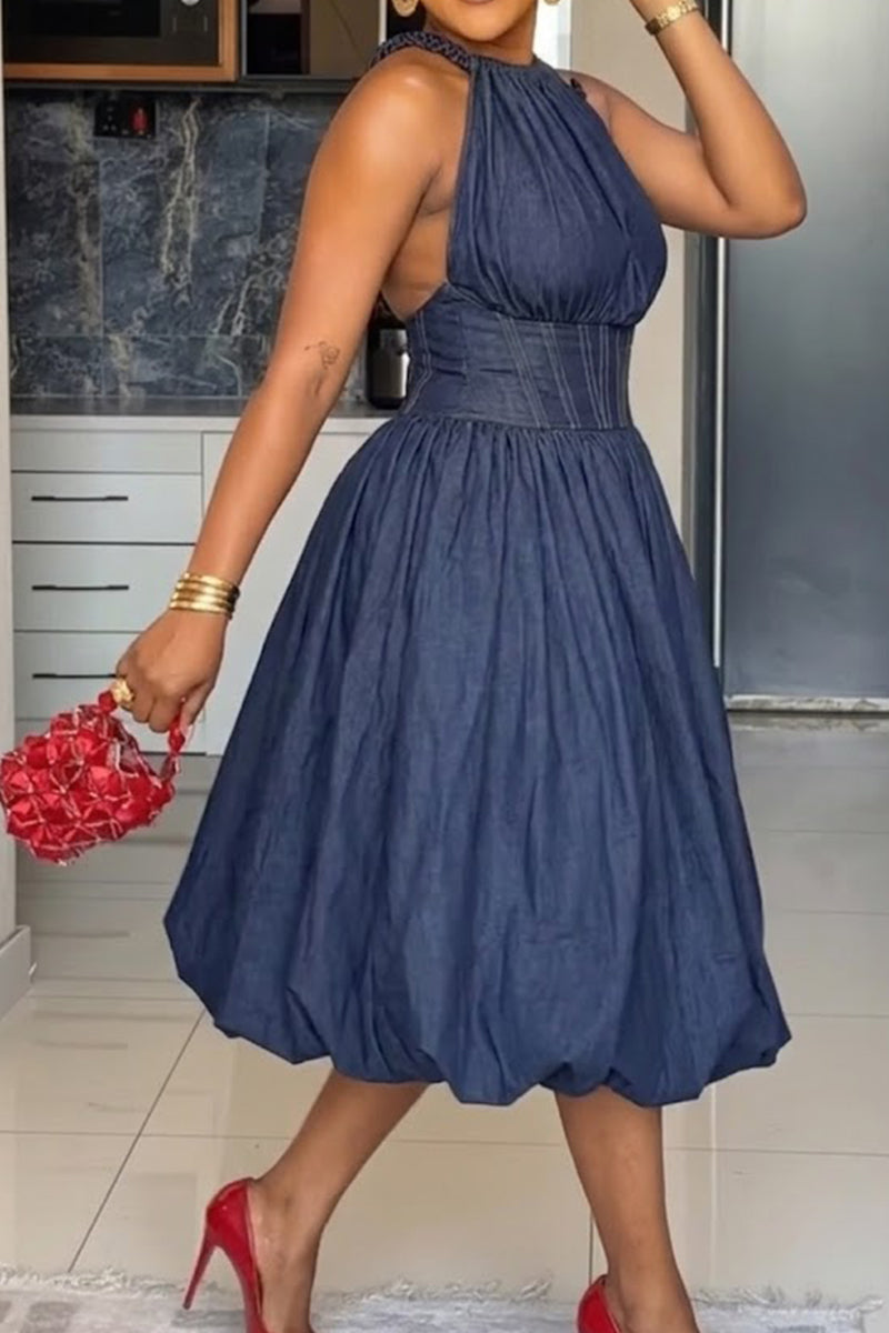 Robe élégante sans manches à col rond et taille cintrée pour femme