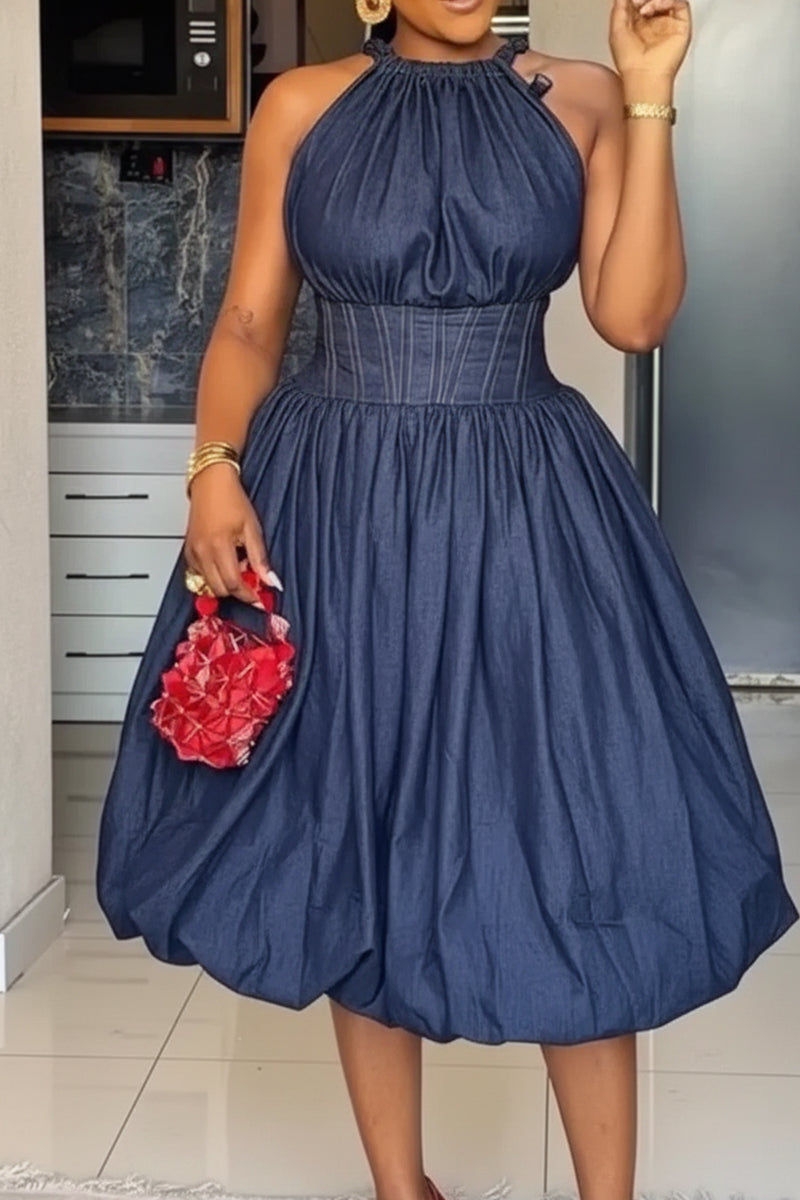 Robe élégante sans manches à col rond et taille cintrée pour femme